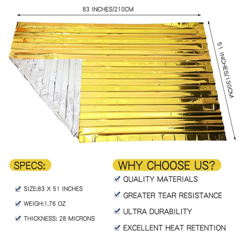 Survival Blanket Reflective - Selimut Penyelamat Termal Mylar Emas-Perak 130×210cm,